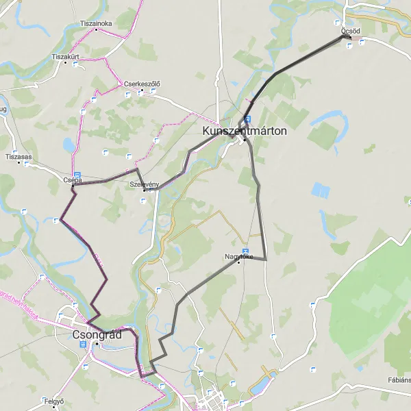 Map miniature of "Kunszentmárton Circuit" cycling inspiration in Észak-Alföld, Hungary. Generated by Tarmacs.app cycling route planner