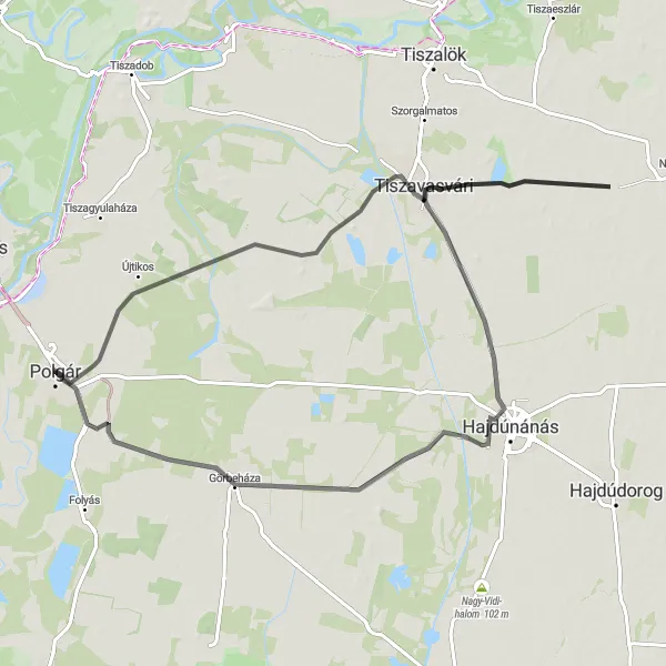 Map miniature of "Polgár - Bűdszentmihály - Tiszavasvári - Temetőoldal Loop" cycling inspiration in Észak-Alföld, Hungary. Generated by Tarmacs.app cycling route planner