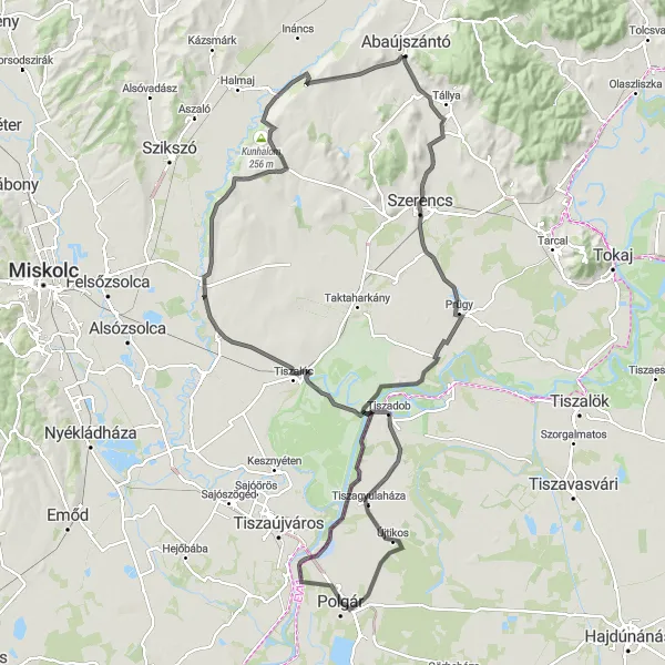 Map miniature of "Around Tiszadob loop" cycling inspiration in Észak-Alföld, Hungary. Generated by Tarmacs.app cycling route planner