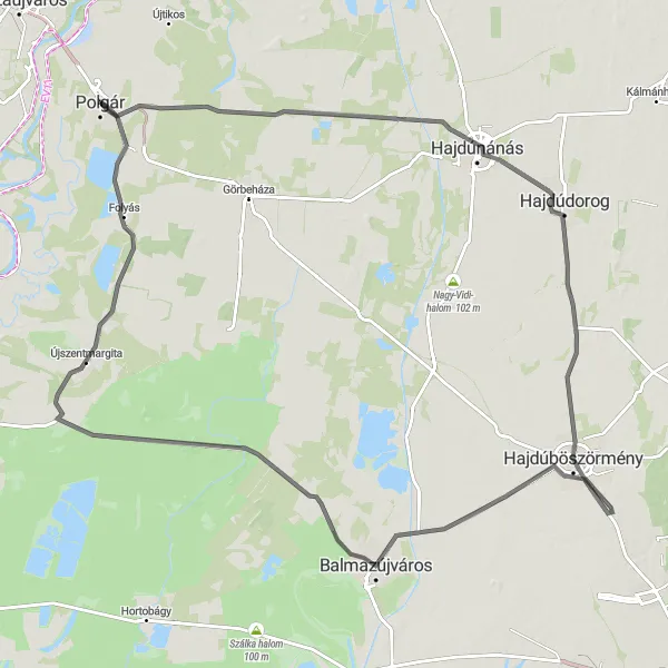 Map miniature of "Polgár - Hajdúnánás - Hajdúböszörmény - Balmazújváros - Újszentmargita Loop" cycling inspiration in Észak-Alföld, Hungary. Generated by Tarmacs.app cycling route planner