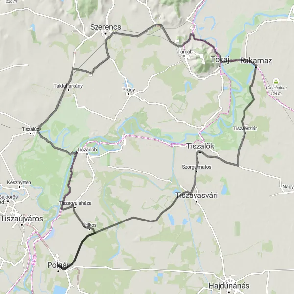 Map miniature of "Polgár - Taktaharkány - Mezőzombor - Kilátóterasz - Szentkereszt - Les-halom Loop" cycling inspiration in Észak-Alföld, Hungary. Generated by Tarmacs.app cycling route planner