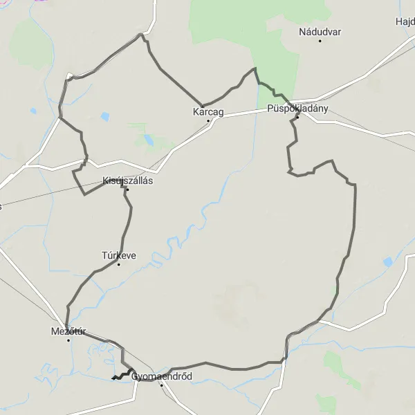 Map miniature of "The Great Alföld Loop" cycling inspiration in Észak-Alföld, Hungary. Generated by Tarmacs.app cycling route planner