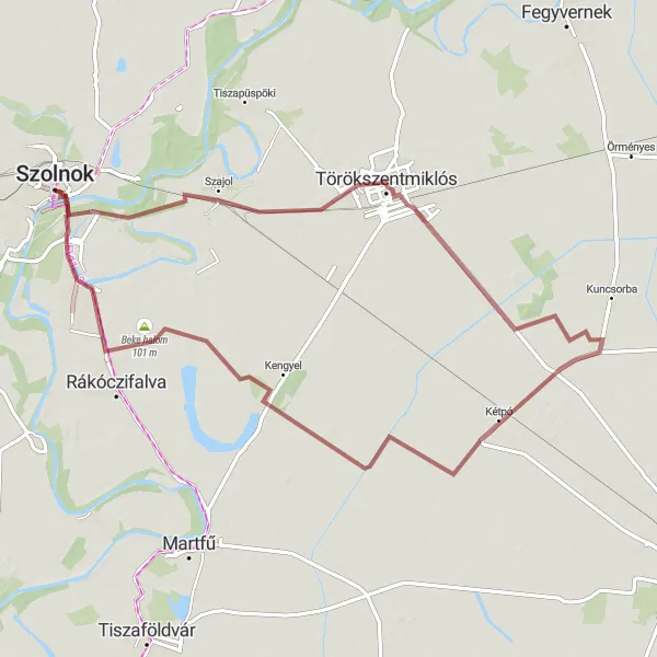 Map miniature of "Gravel Ride to Szajol and Törökszentmiklós" cycling inspiration in Észak-Alföld, Hungary. Generated by Tarmacs.app cycling route planner