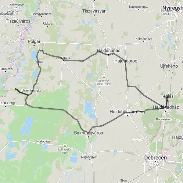 Map miniature of "Alföld Gems" cycling inspiration in Észak-Alföld, Hungary. Generated by Tarmacs.app cycling route planner