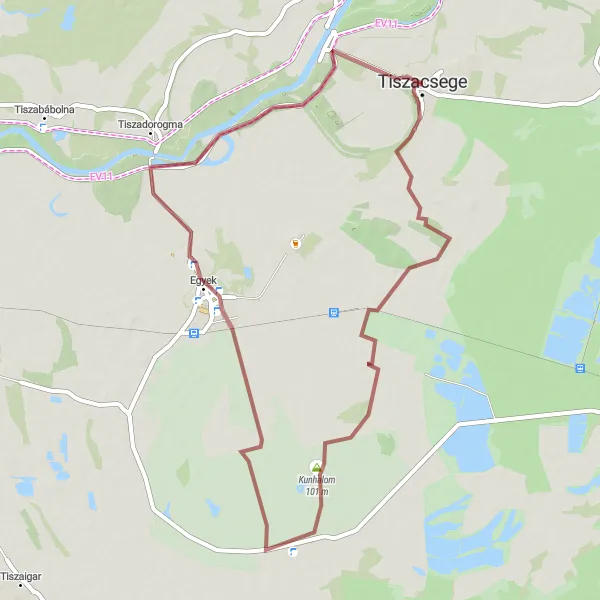 Map miniature of "Tiszacsege Gravel Ride" cycling inspiration in Észak-Alföld, Hungary. Generated by Tarmacs.app cycling route planner