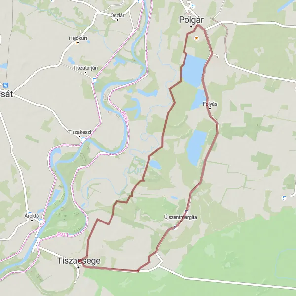 Map miniature of "Polgár and Újszentmargita Gravel Route" cycling inspiration in Észak-Alföld, Hungary. Generated by Tarmacs.app cycling route planner