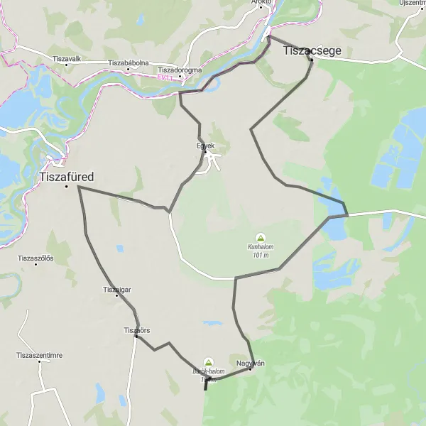 Map miniature of "Nagyiván to Tiszaörs Road Cycling Adventure" cycling inspiration in Észak-Alföld, Hungary. Generated by Tarmacs.app cycling route planner