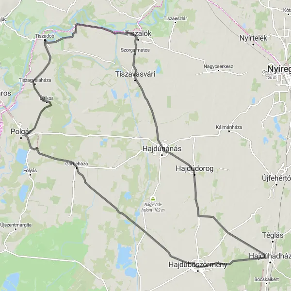 Map miniature of "Tranquil Tisza Delight" cycling inspiration in Észak-Alföld, Hungary. Generated by Tarmacs.app cycling route planner