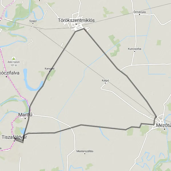 Map miniature of "Tiszaföldvár to Martfű Loop" cycling inspiration in Észak-Alföld, Hungary. Generated by Tarmacs.app cycling route planner