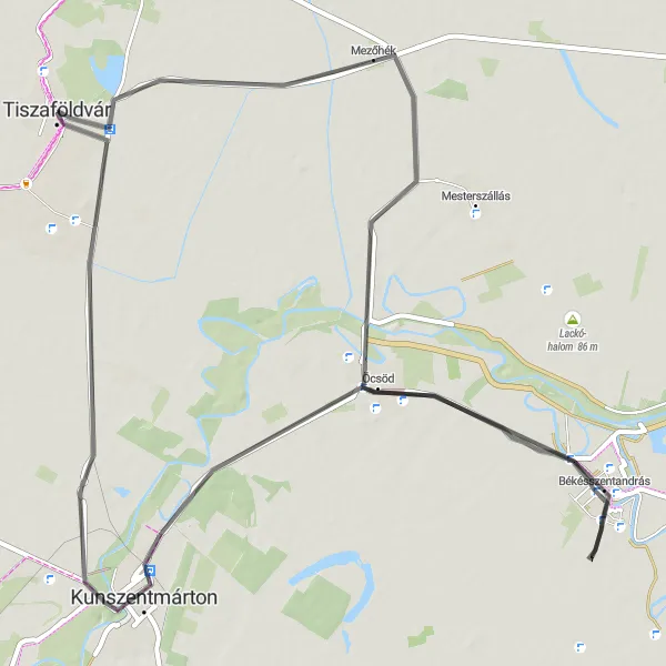 Map miniature of "The Eastern Plains Circuit" cycling inspiration in Észak-Alföld, Hungary. Generated by Tarmacs.app cycling route planner