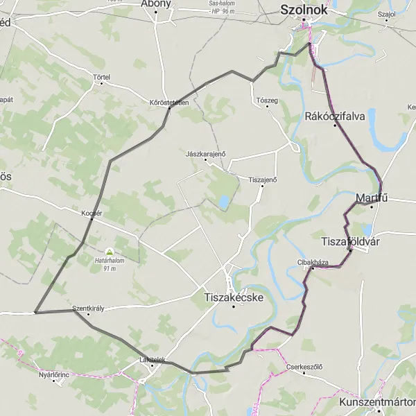 Map miniature of "The Legend of Kőröstetétlen" cycling inspiration in Észak-Alföld, Hungary. Generated by Tarmacs.app cycling route planner