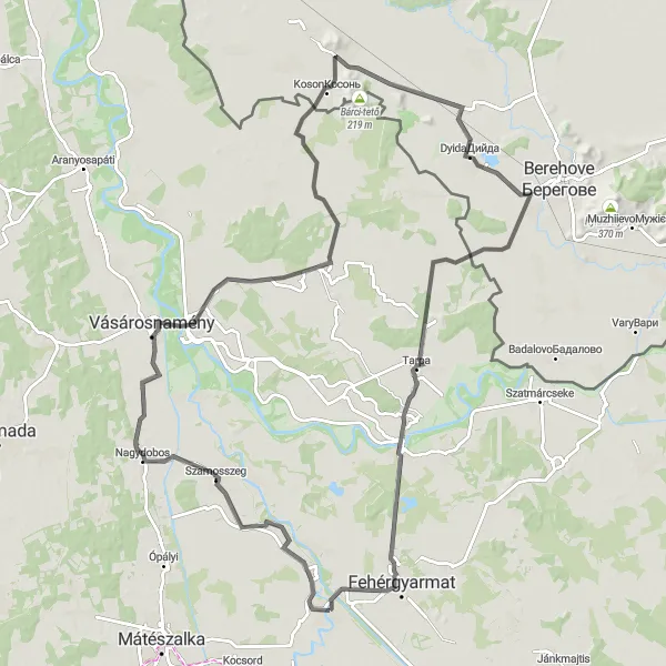 Map miniature of "Tunyogmatolcs-Szamoskér-Gergelyiugornya-Tákos-Запсонська гора-Astei-Tarpa Route" cycling inspiration in Észak-Alföld, Hungary. Generated by Tarmacs.app cycling route planner