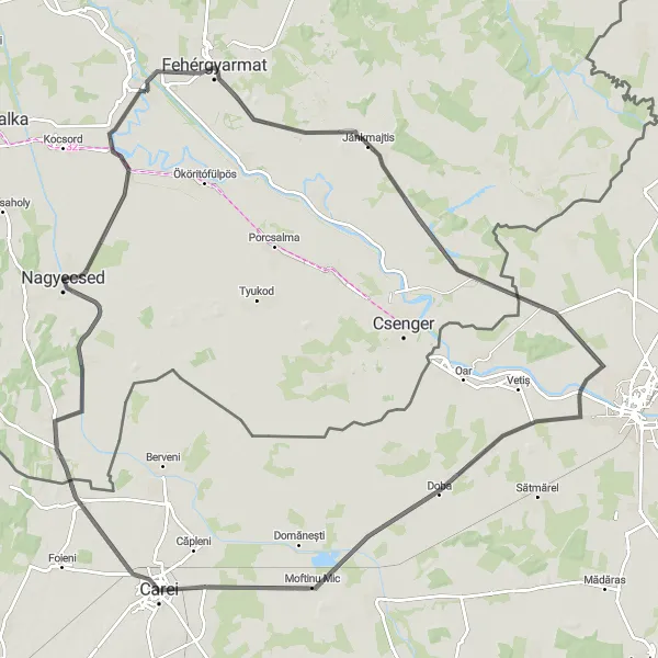 Map miniature of "Scenic Route to Carei" cycling inspiration in Észak-Alföld, Hungary. Generated by Tarmacs.app cycling route planner