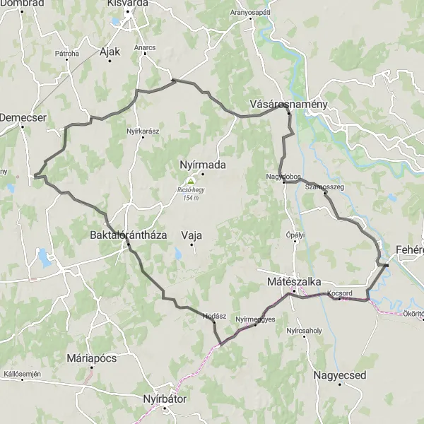 Map miniature of "Tunyogmatolcs-Kocsord-Nyírtass-Ilk-Nagydobos Route" cycling inspiration in Észak-Alföld, Hungary. Generated by Tarmacs.app cycling route planner