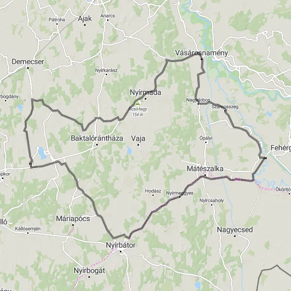 Map miniature of "Challenging Ride to Vásárosnamény" cycling inspiration in Észak-Alföld, Hungary. Generated by Tarmacs.app cycling route planner
