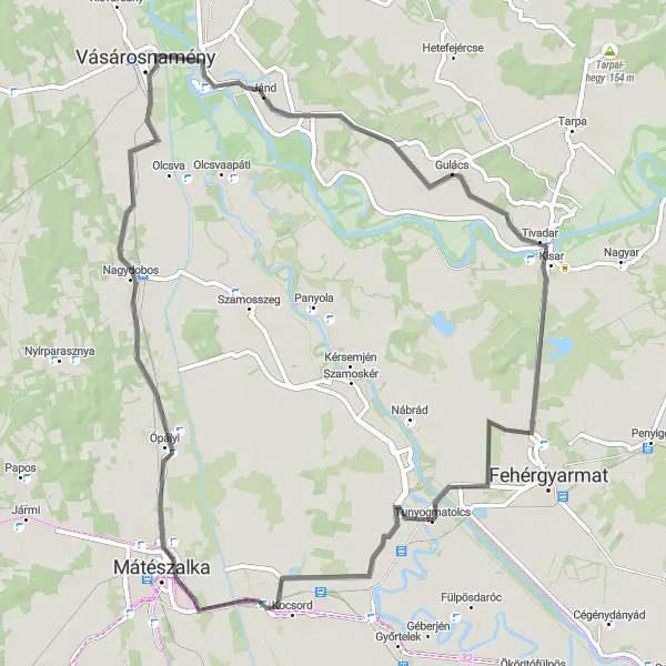 Map miniature of "Tour around Tunyogmatolcs" cycling inspiration in Észak-Alföld, Hungary. Generated by Tarmacs.app cycling route planner
