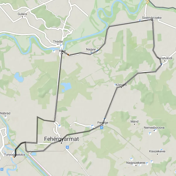 Map miniature of "Tunyogmatolcs-Tivadar-Szatmárcseke-Fehérgyarmat Route" cycling inspiration in Észak-Alföld, Hungary. Generated by Tarmacs.app cycling route planner