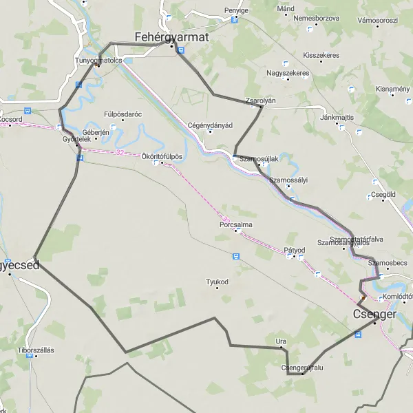 Map miniature of "Tunyogmatolcs-Fehérgyarmat-Csenger-Csengerújfalu-Győrtelek Route" cycling inspiration in Észak-Alföld, Hungary. Generated by Tarmacs.app cycling route planner