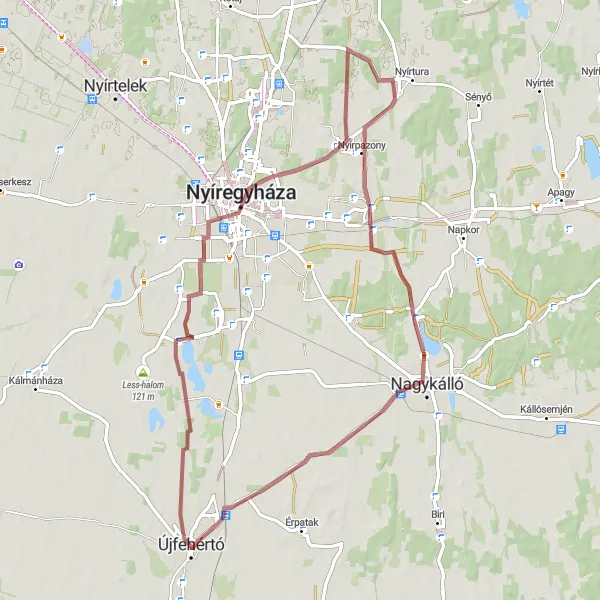 Map miniature of "Nyíregyháza Gravel Adventure" cycling inspiration in Észak-Alföld, Hungary. Generated by Tarmacs.app cycling route planner