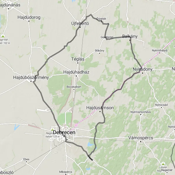 Map miniature of "Balkány and Debrecen Road Journey" cycling inspiration in Észak-Alföld, Hungary. Generated by Tarmacs.app cycling route planner