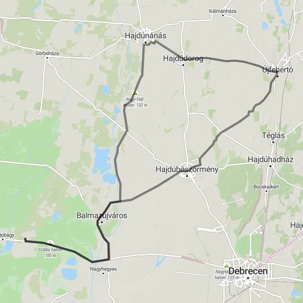 Map miniature of "Hajdúböszörmény Cycle Tour" cycling inspiration in Észak-Alföld, Hungary. Generated by Tarmacs.app cycling route planner