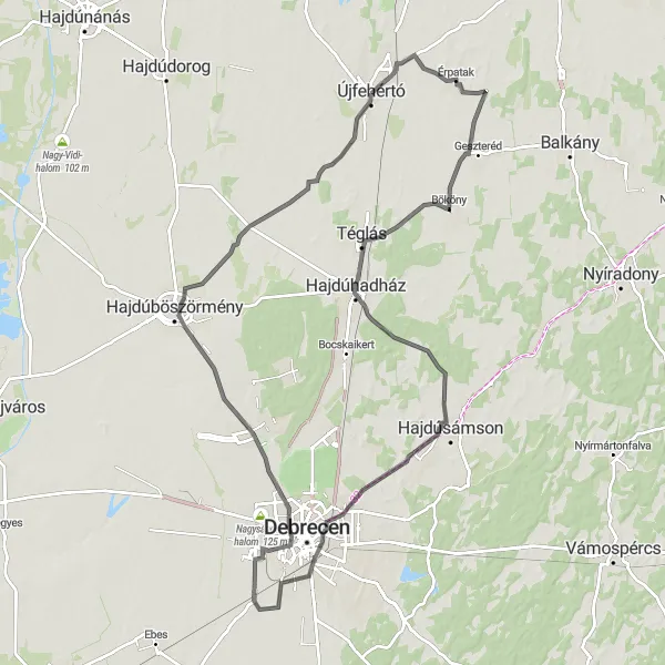 Map miniature of "Hajdúhadház Loop" cycling inspiration in Észak-Alföld, Hungary. Generated by Tarmacs.app cycling route planner