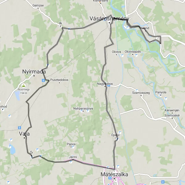 Map miniature of "Cultural Cycling Tour from Vaja to Ilk, Jánd, Nagydobos, and Őr" cycling inspiration in Észak-Alföld, Hungary. Generated by Tarmacs.app cycling route planner