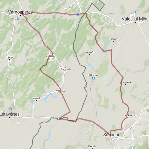 Map miniature of "Săcueni Loop" cycling inspiration in Észak-Alföld, Hungary. Generated by Tarmacs.app cycling route planner