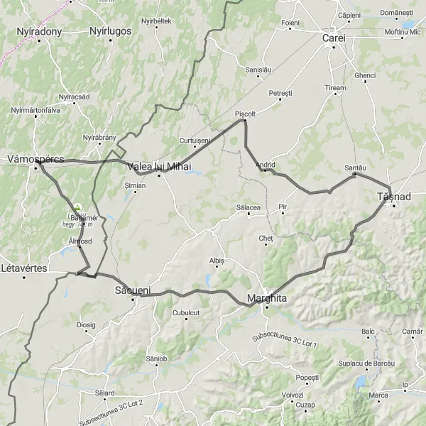 Map miniature of "Valea lui Mihai and Marghita Circuit" cycling inspiration in Észak-Alföld, Hungary. Generated by Tarmacs.app cycling route planner