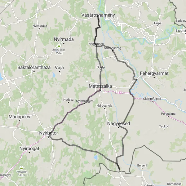 Map miniature of "Vásárosnamény Grand Tour" cycling inspiration in Észak-Alföld, Hungary. Generated by Tarmacs.app cycling route planner