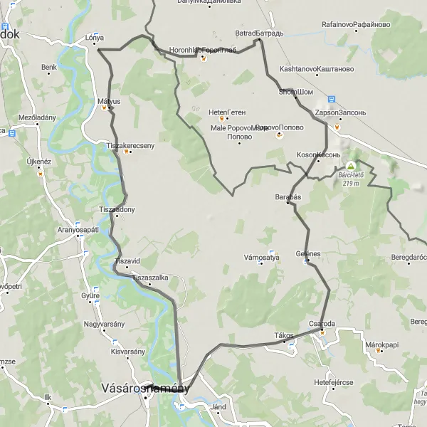 Map miniature of "Mátyus to Vásárosnamény" cycling inspiration in Észak-Alföld, Hungary. Generated by Tarmacs.app cycling route planner