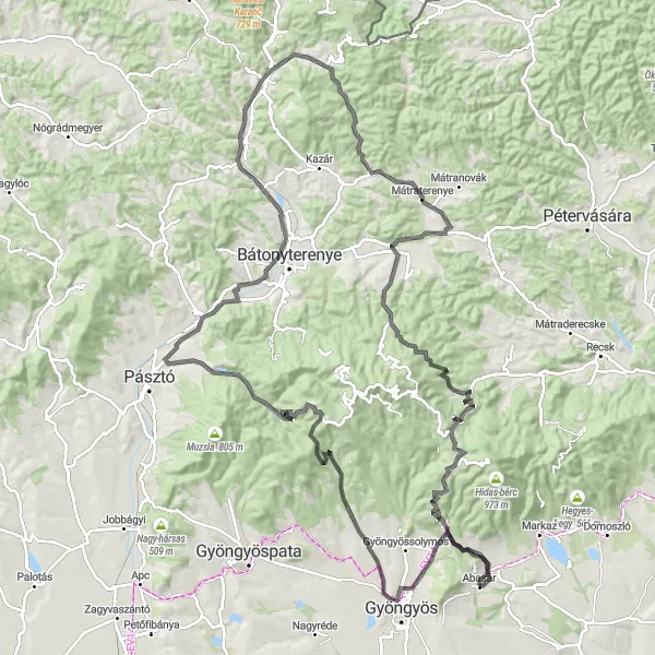 Map miniature of "Mátra Mountain Road Cycling" cycling inspiration in Észak-Magyarország, Hungary. Generated by Tarmacs.app cycling route planner