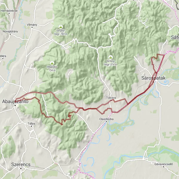 Map miniature of "Scenic Gravel Cycling Route Through Abaújszántó Countryside" cycling inspiration in Észak-Magyarország, Hungary. Generated by Tarmacs.app cycling route planner