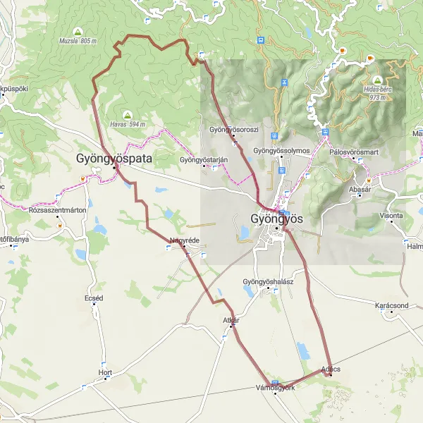 Map miniature of "Adács to Belváros Gravel Challenge" cycling inspiration in Észak-Magyarország, Hungary. Generated by Tarmacs.app cycling route planner