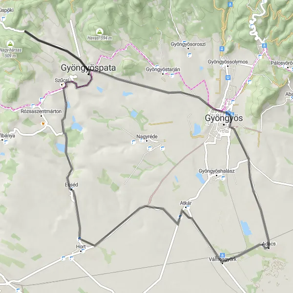 Map miniature of "Adács to Belváros" cycling inspiration in Észak-Magyarország, Hungary. Generated by Tarmacs.app cycling route planner