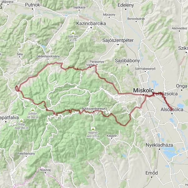 Map miniature of "Alsózsolca - Miskolctapolca Adventure" cycling inspiration in Észak-Magyarország, Hungary. Generated by Tarmacs.app cycling route planner