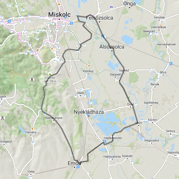 Map miniature of "Scenic Road Cycling from Alsózsolca" cycling inspiration in Észak-Magyarország, Hungary. Generated by Tarmacs.app cycling route planner