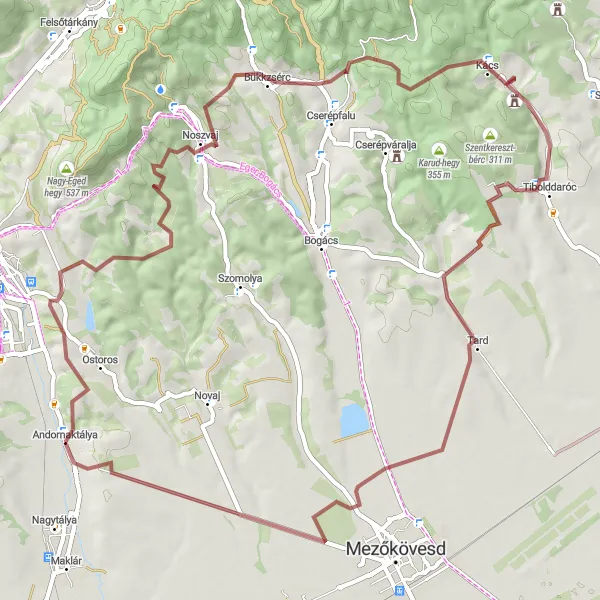 Map miniature of "Bükkzsérc and Tibolddaróc Gravel Ride" cycling inspiration in Észak-Magyarország, Hungary. Generated by Tarmacs.app cycling route planner