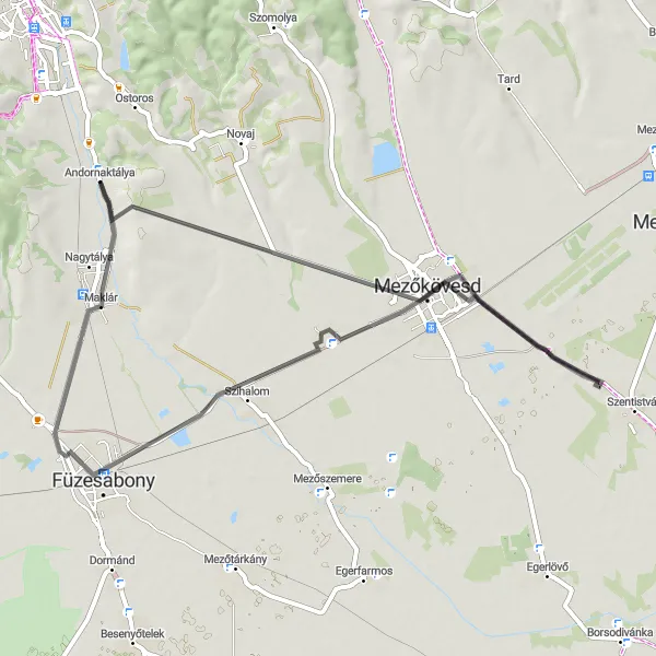 Map miniature of "Mezőkövesd Loop" cycling inspiration in Észak-Magyarország, Hungary. Generated by Tarmacs.app cycling route planner