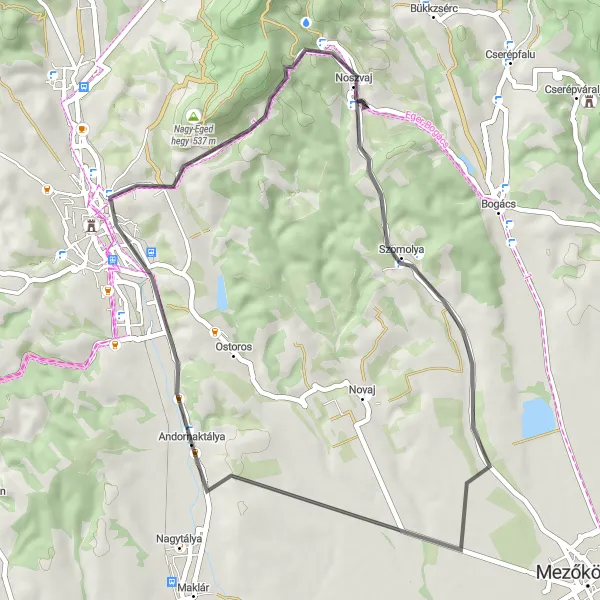 Map miniature of "Eger Shortcut" cycling inspiration in Észak-Magyarország, Hungary. Generated by Tarmacs.app cycling route planner