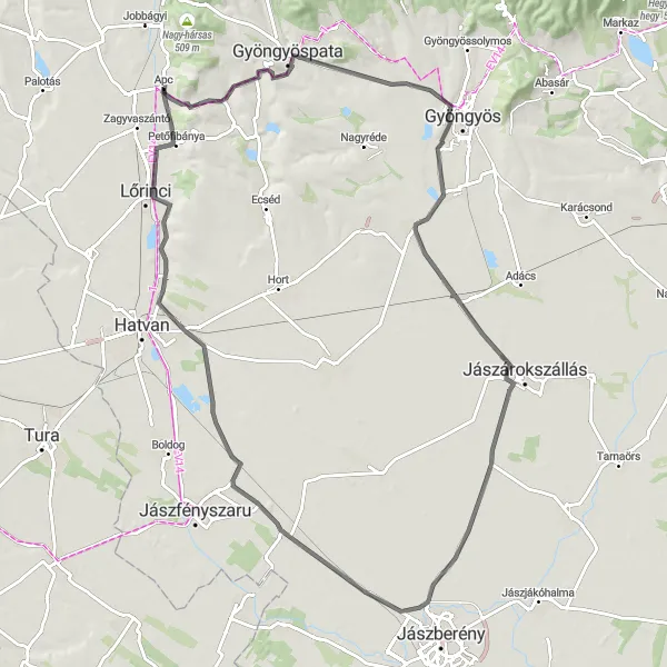 Map miniature of "The Road Less Traveled" cycling inspiration in Észak-Magyarország, Hungary. Generated by Tarmacs.app cycling route planner