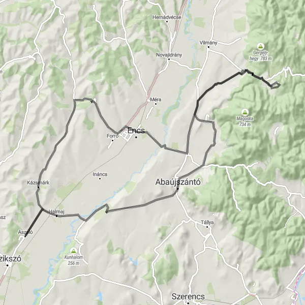 Map miniature of "Luminous Uphills: Aszaló and its surrounding hills" cycling inspiration in Észak-Magyarország, Hungary. Generated by Tarmacs.app cycling route planner