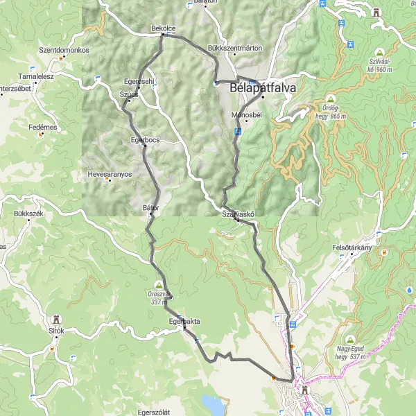Map miniature of "Through the Hills of Bélapátfalva" cycling inspiration in Észak-Magyarország, Hungary. Generated by Tarmacs.app cycling route planner