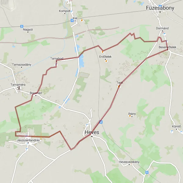 Map miniature of "Besenyőtelek to Dormánd Gravel Ride" cycling inspiration in Észak-Magyarország, Hungary. Generated by Tarmacs.app cycling route planner