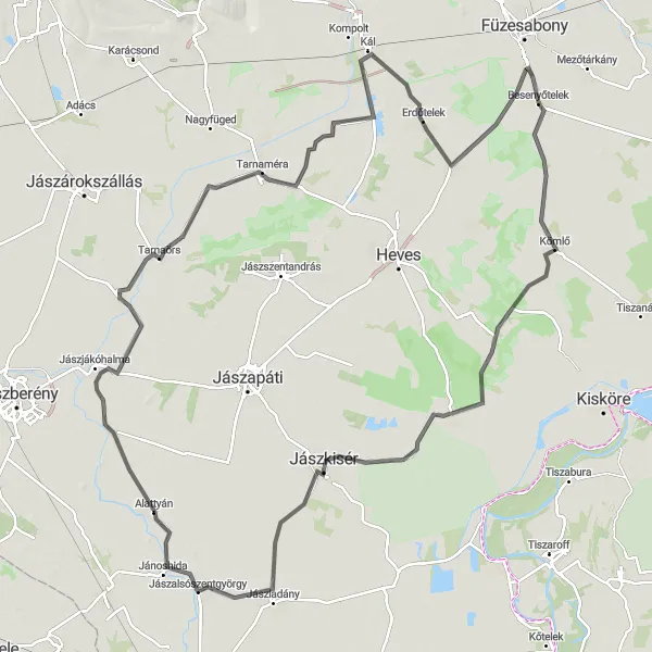 Map miniature of "Jászkisér Road Cycling Adventure" cycling inspiration in Észak-Magyarország, Hungary. Generated by Tarmacs.app cycling route planner
