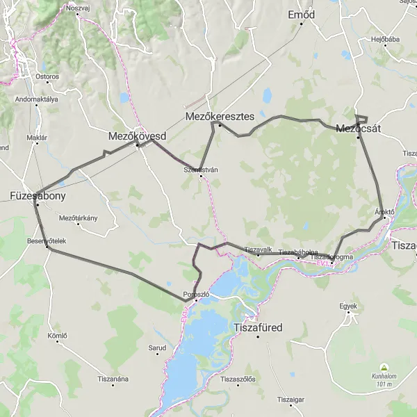 Map miniature of "Besenyőtelek to Poroszló Road Ride" cycling inspiration in Észak-Magyarország, Hungary. Generated by Tarmacs.app cycling route planner