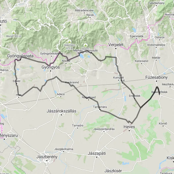 Map miniature of "Northern Loop Road Cycling" cycling inspiration in Észak-Magyarország, Hungary. Generated by Tarmacs.app cycling route planner