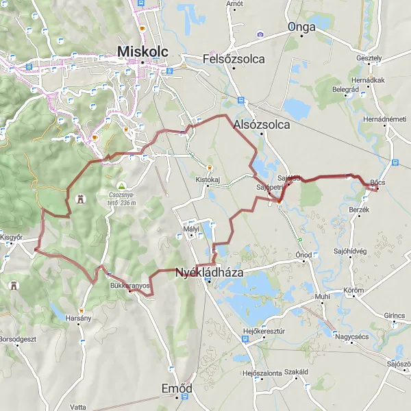 Map miniature of "Bőcs Gravel Adventure" cycling inspiration in Észak-Magyarország, Hungary. Generated by Tarmacs.app cycling route planner