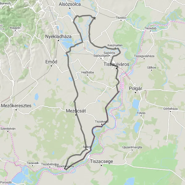 Map miniature of "The Tisza Loop" cycling inspiration in Észak-Magyarország, Hungary. Generated by Tarmacs.app cycling route planner