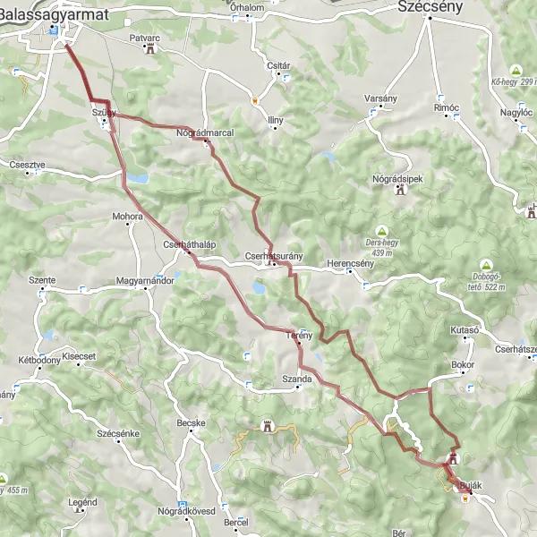 Map miniature of "The Gravel Adventure Near Buják" cycling inspiration in Észak-Magyarország, Hungary. Generated by Tarmacs.app cycling route planner